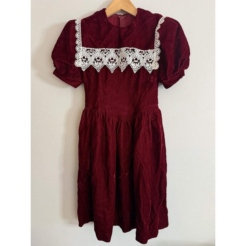 Gunne Sax Jessica McClintock Girls Dress Red Velvet Vintage Drop Waist Dress